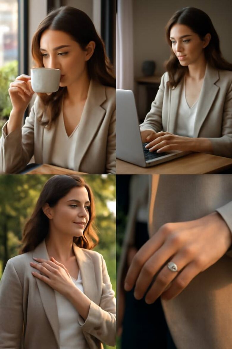 Image: Lifestyle photography showing hidden halo ring in natural lighting throughout daily activities - Captures how secret sparkle reveals itself during real moments rather than posed photography