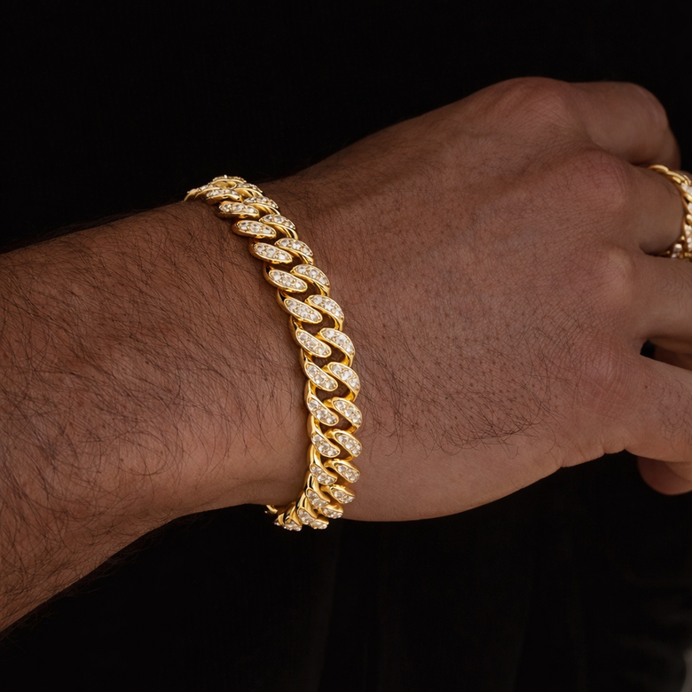 Stunning lab-grown diamond Cuban chain with VVS clarity stones under stage lighting - Demonstrates indistinguishable luxury aesthetics at fraction of traditional cost