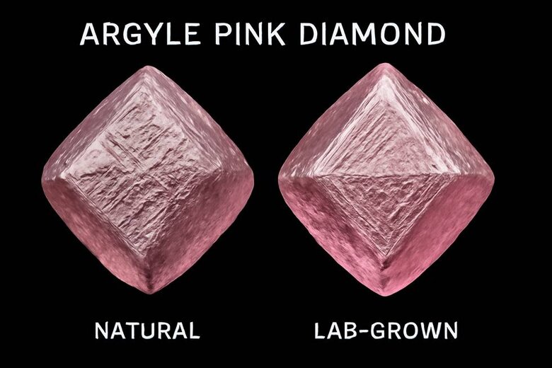 Image: Argyle Pink Diamond Crystal Structure Comparison - Natural vs lab-grown atomic lattice deformation showing identical pink coloration mechanisms