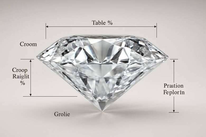 Image: Complete Diamond Anatomy Cross-Section with Labeled Parts - Professional guide showing crown, pavilion, girdle components for optimal diamond evaluation