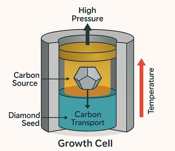 Infographie : Chronologie historique de la synthèse du diamant HPHT - Principales étapes depuis la découverte de GE en 1954 jusqu'à la production moderne de qualité gemme, montrant l'évolution technologique et les phases d'adoption commerciale