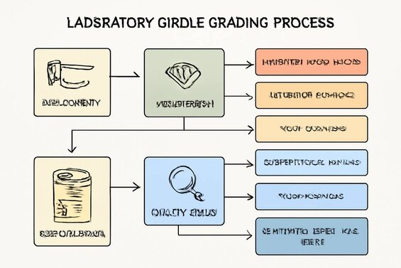 Infographic: Laboratory Girdle Grading Process Flow - Complete workflow from initial measurement through final documentation, showing IGI and GIA assessment criteria, measurement tools, quality checks, and certification standards with specific percentage thresholds