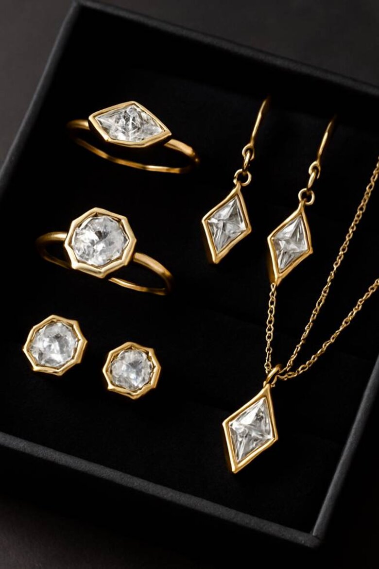 Image: Art Deco inspired jewelry featuring mixed geometric lab-grown diamond accents in gold settings - Shows readers how geometric shapes translate into wearable luxury pieces