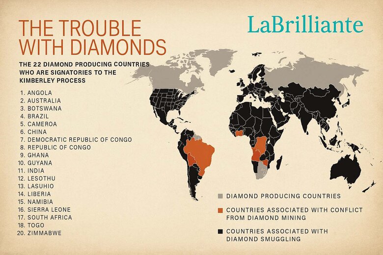 Image: Map showing African conflict diamond regions with timeline overlay - Visual understanding of geographic scope and historical context of blood diamond trade