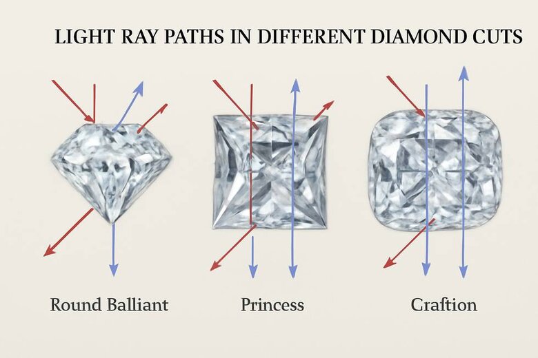 Image: Diamond Shape Light Performance Visualization - Scientific diagram showing light ray paths through round brilliant, princess, and cushion cuts, demonstrating how facet arrangements affect brilliance and fire patterns