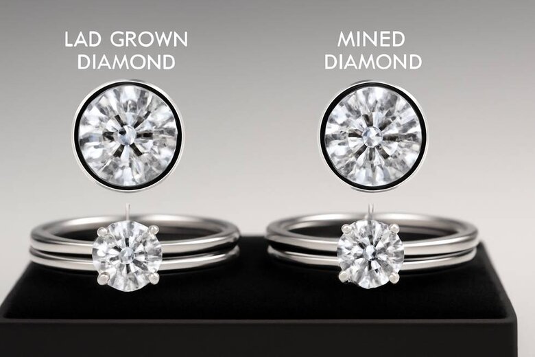 Image: Side-by-Side Diamond Comparison Under Professional Lighting - Identical stackable rings showing lab grown vs mined diamonds with magnified detail shots proving visual indistinguishability