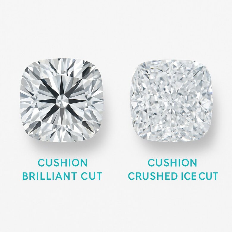 Image: Split-Screen Diamond Comparison Under Multiple Lighting Conditions - Shows brilliant cut and crushed ice lab diamonds side-by-side demonstrating their distinct sparkle patterns and light performance differences