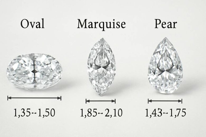 Image: Visual guide showing optimal length-to-width ratios for oval, marquise, and pear shapes with measurements overlay - Enables buyers to identify ideal proportions when viewing diamonds