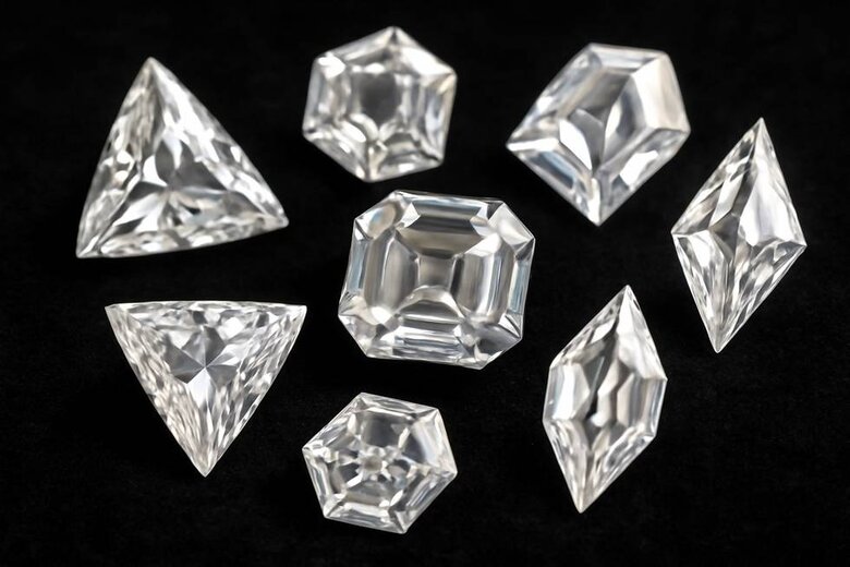Image: Collection of precision-cut geometric lab-grown diamond accents in various shapes against black velvet backdrop - Showcases the stunning variety and flawless symmetry available in modern accent diamonds