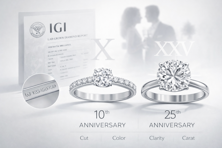 IGI Diamond Certificate Breakdown - Visual guide showing each section of an IGI certificate and what the grading numbers mean for anniversary ring buyers