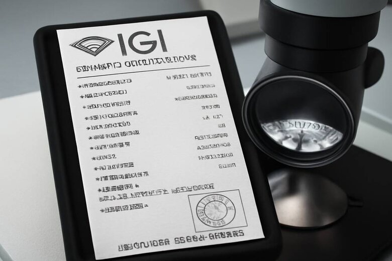 Image: Detailed IGI Certificate with Laser Inscription Closeup - Shows actual certificate sections and microscopic laser inscription proving authenticity and traceability