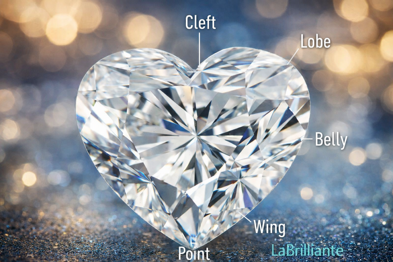 Heart Diamond Anatomy Diagram - Visual breakdown of the 56-58 facets and symmetry requirements for perfect heart proportions