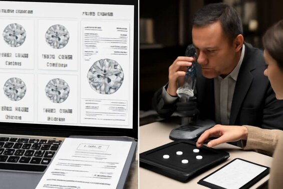 Image: Split-Screen Lab Diamond Shopping Comparison - Online retailers vs showroom displays showing certification details, pricing transparency, and quality inspection tools