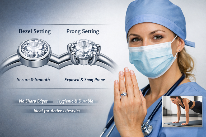 Close-up medical illustration showing surgical glove catching on prong tip with force vectors and stress concentration points marked, contrasted with smooth glove sliding over bezel rim - Makes abstract safety concerns concrete and immediately understandable