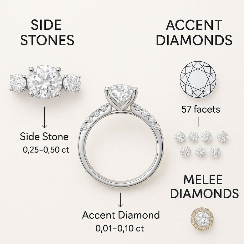 Image: Single Cut vs Full Cut Accent Diamond Faceting Comparison - See exactly how facet patterns differ between single cut and full cut accent diamonds to choose the right option for your carat weight range