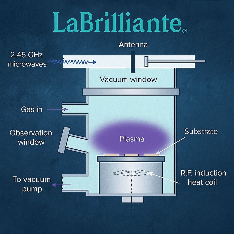 Image: CVD Diamond Growth Process Diagram - Detailed cross-section showing plasma chamber, gas flows, and layer-by-layer crystal formation to explain why CVD achieves superior purity