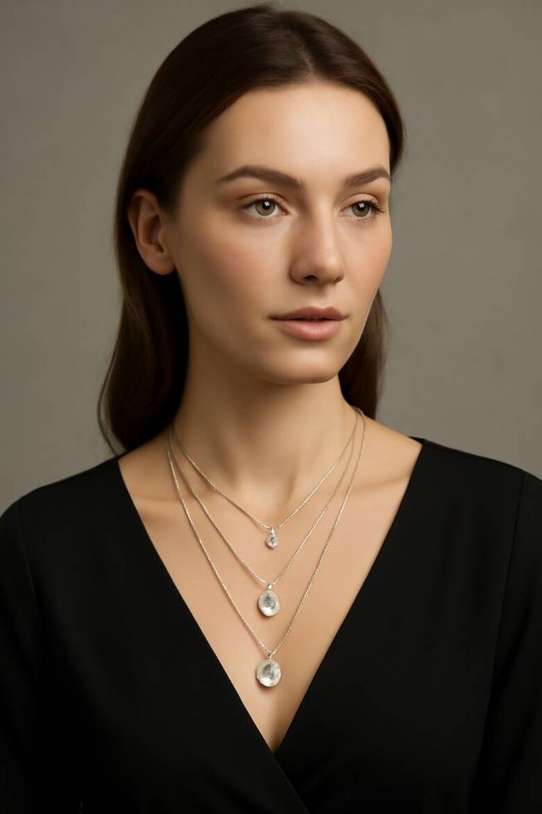 Image: Professional Model Demonstrating Three-Layer Diamond Pendant Styling - Step-by-step visual guide showing chain length combinations and pendant weight distribution