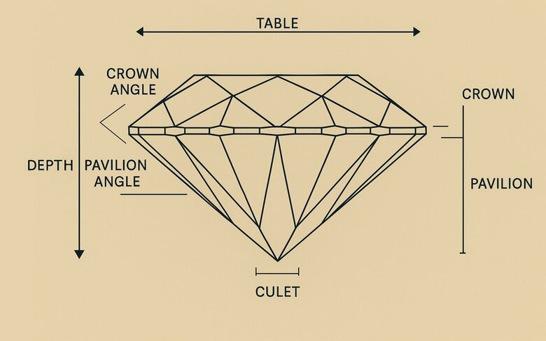 Image: Complete Diamond Anatomy Cross-Section with Labeled Parts - Professional guide showing crown, pavilion, girdle components for optimal diamond evaluation