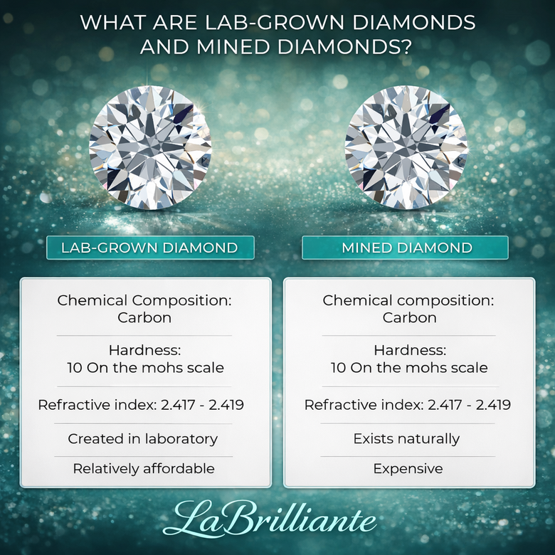 Side-by-Side 1-Carat Lab vs Mined Diamond Studs with Price Tags - Visual demonstration that identical appearance diamonds have dramatically different price points based on origin