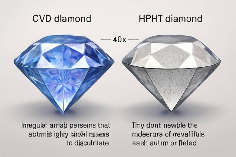 Image: Cross-section diagram showing strain patterns in CVD diamond versus metallic inclusions in HPHT diamond under 40x magnification - Enables visual identification of cloudiness types during diamond selection