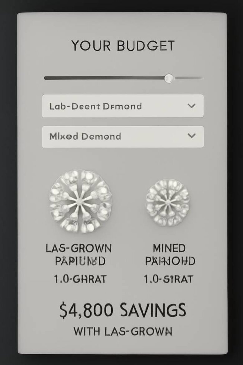 Infographic: Millennial Diamond Budget Optimizer - Interactive calculator showing carat size upgrades possible with lab diamonds across different budget ranges, including visual size comparisons and savings breakdowns