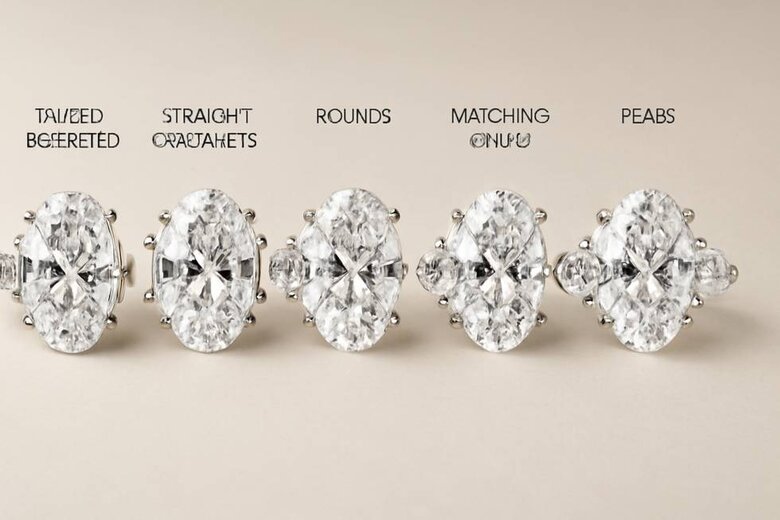 Image: Side Stone Configuration Gallery - Photographic comparison showing the same oval center stone paired with five different side stone options (tapered baguettes, straight baguettes, rounds, matching ovals, pears) to demonstrate aesthetic impact of side stone choice