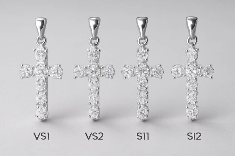 Image: Diamond Clarity Visual Comparison in Cross Settings - Macro photography showing VS1, VS2, SI1, and SI2 clarity differences in actual cross pendants under various lighting conditions