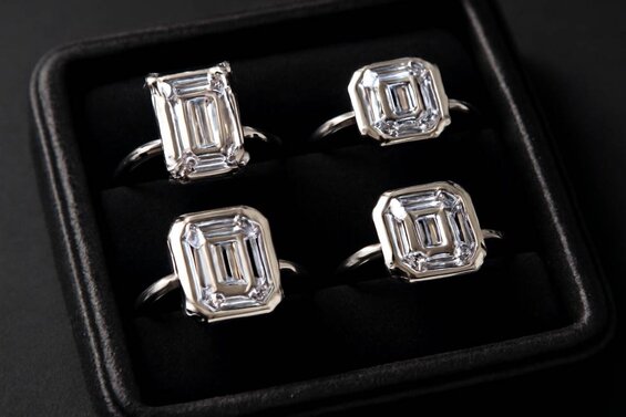 Image: Step Cut Setting Options and Corner Protection - Detailed images showing prong placement, bezel settings, and corner protection methods to prevent chipping while maintaining brilliance