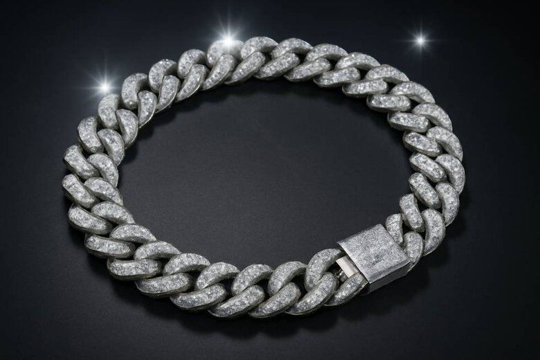 Image: Stunning lab-grown diamond Cuban chain with VVS clarity stones under stage lighting - Demonstrates indistinguishable luxury aesthetics at fraction of traditional cost
