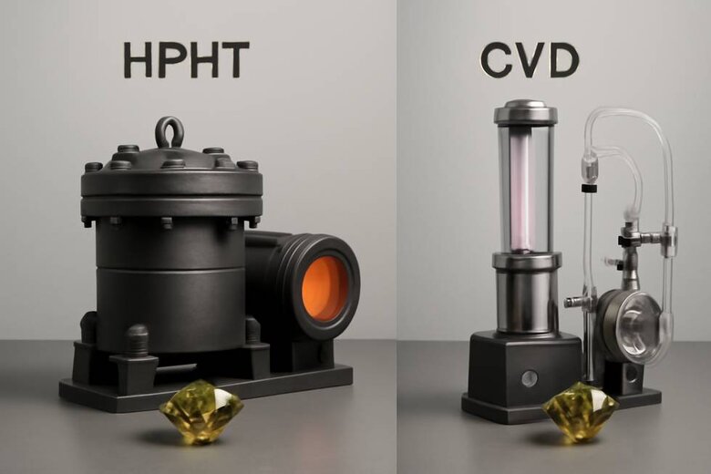 Image: Side-by-Side HPHT and CVD Laboratory Equipment Setup - Visual comparison showing pressure chambers, heating elements, and plasma reactors used in each diamond creation method