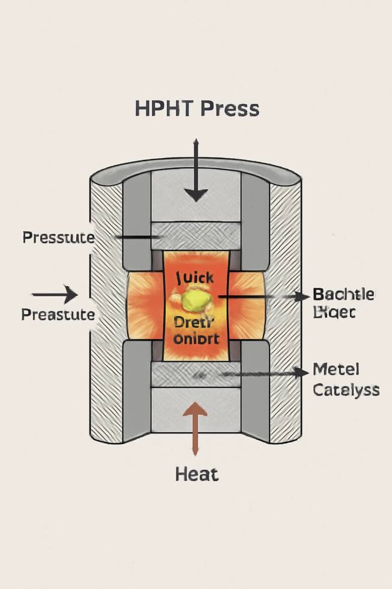 Image: HPHT Press System Cross-Section Diagram - Detailed technical illustration showing diamond seed placement, pressure application zones, temperature gradients, and catalyst positioning for complete process visualization