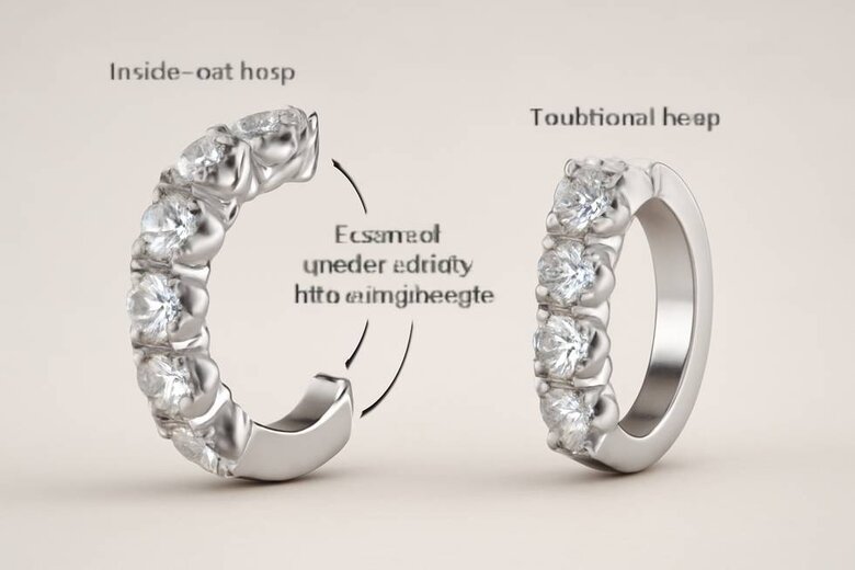 Image: Inside-Out vs Traditional Hoop Diamond Setting Comparison - Close-up cross-sectional view showing diamond placement differences, light reflection patterns, and structural engineering that maximizes sparkle visibility from all angles