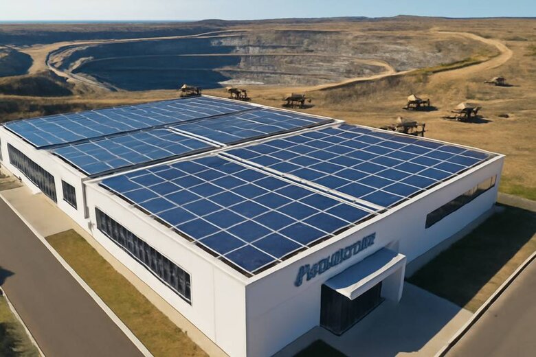 Image: Solar-Powered Diamond Facility - Aerial view of modern lab diamond production facility with extensive rooftop solar panel arrays, clean industrial architecture, and comparison showing compact footprint versus sprawling mining operation in background