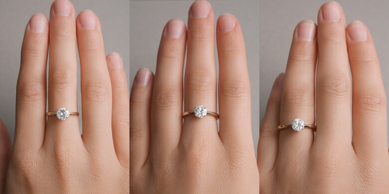 1-carat diamond shown on three different finger sizes (small, medium, large)