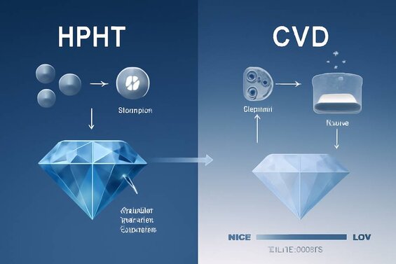 Infographic: HPHT vs CVD Blue Diamond Formation Process Comparison - Visual flowchart showing why HPHT produces 20x more blue nuance diamonds than CVD methods