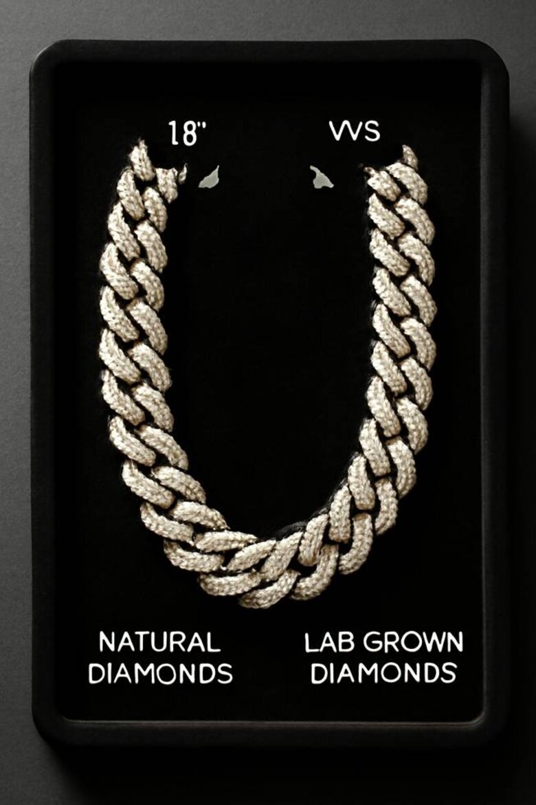 Image: Side-by-side comparison of Drake-style Cuban chain in natural vs lab-grown diamonds - Visual proof that luxury aesthetics remain identical while cost drops dramatically