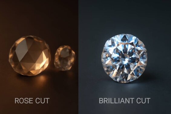 Image: Split lighting comparison showing same rose cut and brilliant cut diamonds under candlelight versus modern LED lighting, demonstrating their different light performance characteristics - Choose optimal cut based on preferred lighting environments