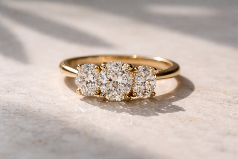 Elegant Three-Stone Lab-Grown Diamond Ring on Hand - Showcasing proportional harmony between center and side stones with natural lighting emphasizing brilliant faceting and fire across oval center with tapered baguette sides