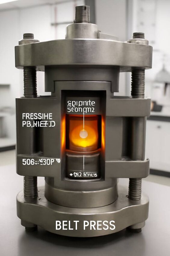 Image: HPHT Diamond Manufacturing Process Cross-Section - Complete belt press system showing pressure chambers, heating elements, and crystal growth environment