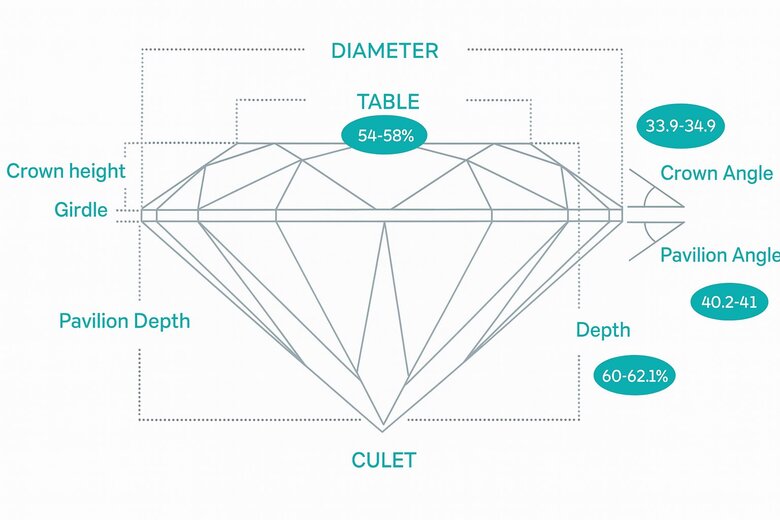 Image: Brilliant Cut Facet Structure Diagram - Visual breakdown of the 57-58 facet arrangement showing crown, pavilion, and girdle components with precise angle measurements for optimal light performance