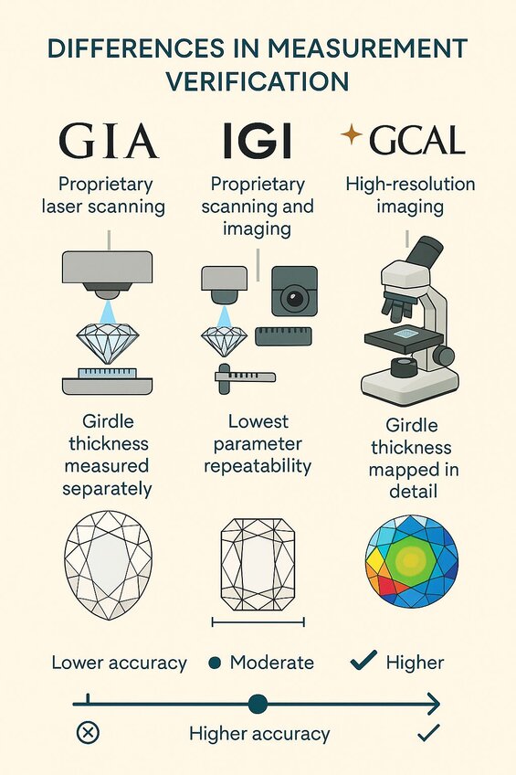 Image: Laboratory Measurement Setup Showing GIA, IGI, and GCAL Precision Equipment - Visualize the advanced laser interferometry systems and calibrated instruments used by major certification labs for 0.01mm accuracy