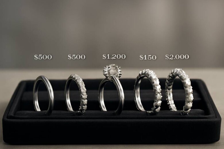 Image: Five-Ring Lab Grown Diamond Stack Comparison - Royal-inspired configurations showcasing anniversary progression from simple bands to full eternity designs with pricing breakdowns