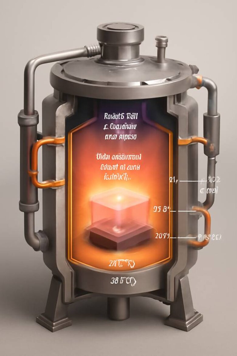 Image: CVD Chamber Production Process - Detailed cutaway view of CVD reactor showing methane/hydrogen plasma activation, temperature zones, and heat recovery systems