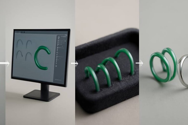 Image: Step-by-Step Custom Design Process - Visual timeline showing the journey from initial engagement ring measurement through digital design, wax modeling, and final curved band creation