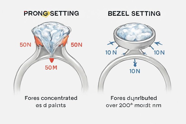 Infographic: Mechanical Engineering Diagram showing force distribution on prong setting (concentrated at 4 points with stress indicators) versus bezel setting (radial distribution across 360-degree rim) with Newton force measurements - Transforms technical concept into instantly graspable visual
