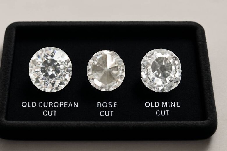 Image: Vintage Diamond Cut Comparison Guide - Side-by-side visual comparison of Old European, Rose Cut, and Old Mine Cut lab diamonds showing light reflection patterns and historical authenticity features