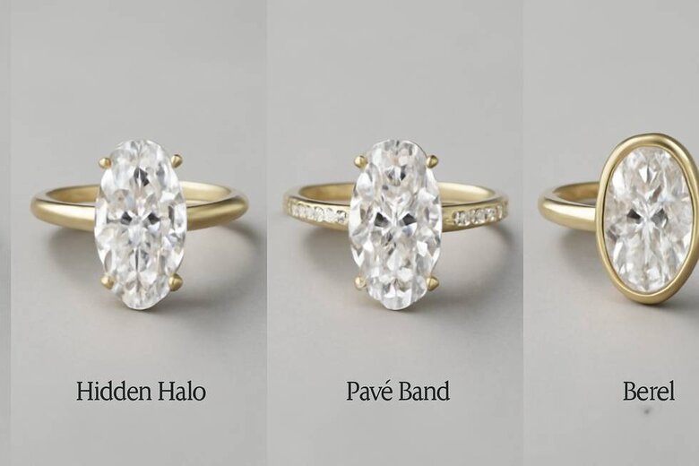Image: Four-panel comparison showing identical 2-carat oval in four different settings: classic solitaire, hidden halo, pavé band, and bezel - Eliminates setting confusion by showing exact visual impact of each style on the same diamond, accelerating decision-making