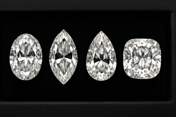Image: Shape-Specific Bow Tie Comparison - Side-by-side photographs of identical-quality diamonds in oval, marquise, pear, and cushion cuts showing actual bow tie variations to help buyers understand real-world differences
