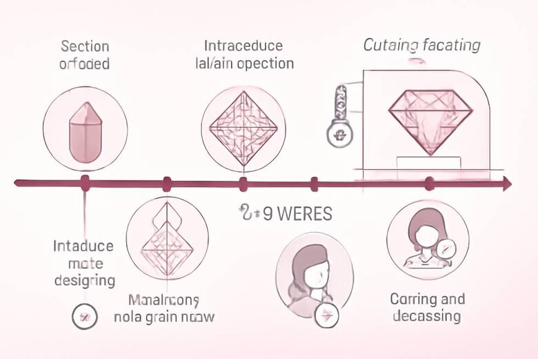 Infographic: Lab-Grown Pink Diamond Production Timeline - Step-by-step process from seed crystal to finished stone showing 6-8 week timeline with quality control checkpoints