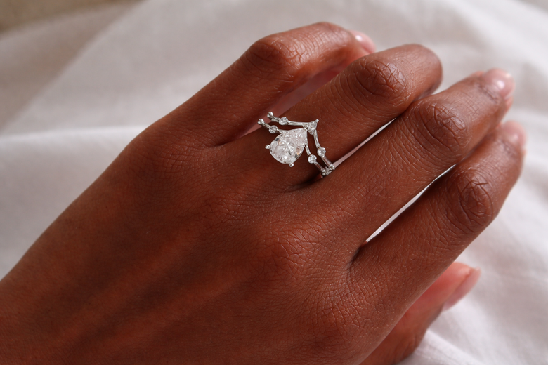 Three Curved Band Styles Side-by-Side Comparison - Detailed visual showing chevron, tiara, and rounded contour bands on hands with different engagement ring styles to demonstrate how each silhouette creates different aesthetic effects